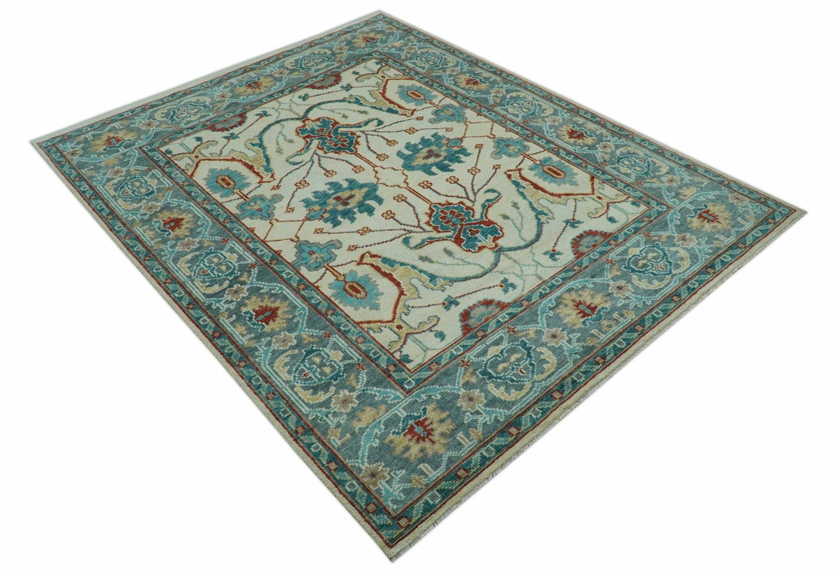 Custom Made Traditional Oriental Oushak Ivory And Blue Hand Knotted Wool Rug.