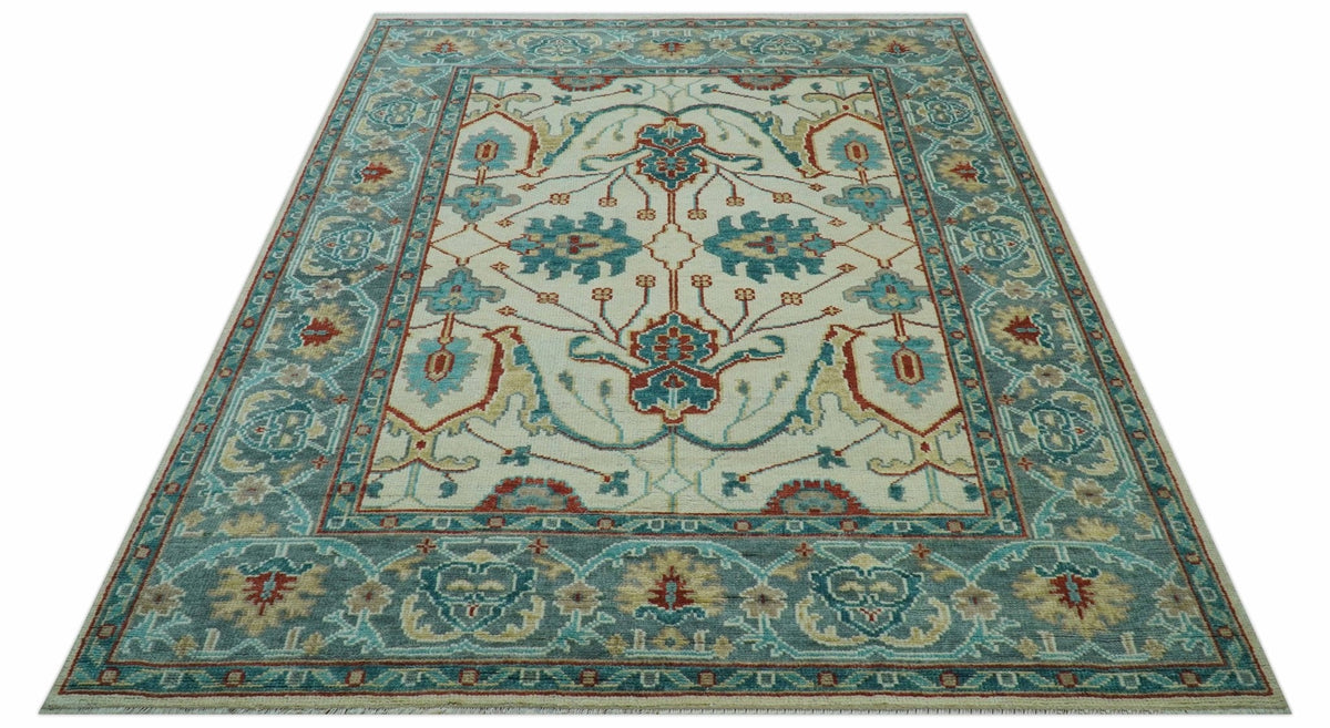 Custom Made Traditional Oriental Oushak Ivory And Blue Hand Knotted Wool Rug.