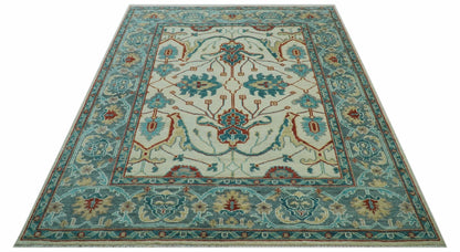 Custom Made Traditional Oriental Oushak Ivory And Blue Hand Knotted Wool Rug.