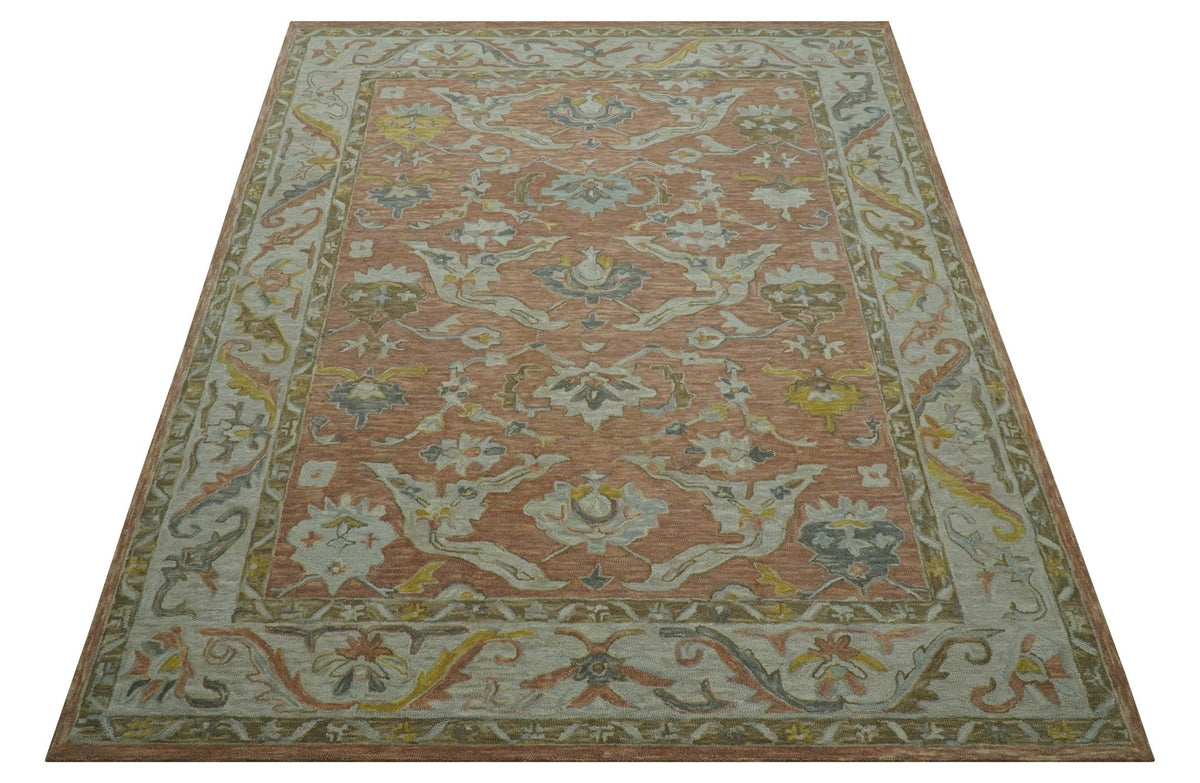 Custom Made Traditional Oriental Rust And Ivory Hand Tufted Wool Area Rug.