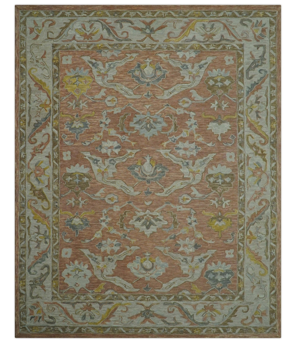 Custom Made Traditional Oriental Rust And Ivory Hand Tufted Wool Area Rug.
