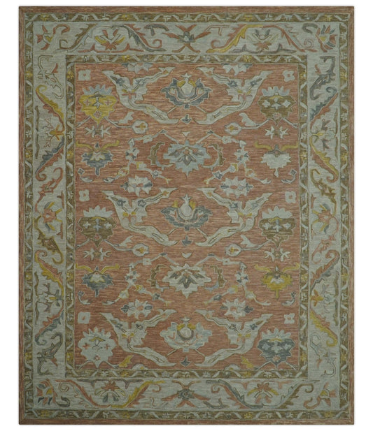Custom Made Traditional Oriental Rust And Ivory Hand Tufted Wool Area Rug.