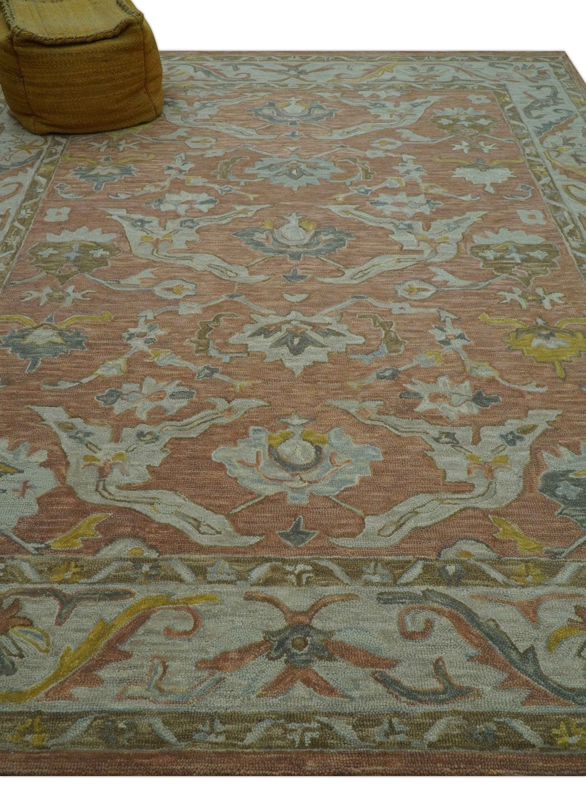 Custom Made Traditional Oriental Rust And Ivory Hand Tufted Wool Area Rug.