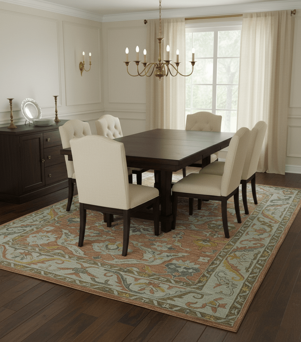 Custom Made Traditional Oriental Rust And Ivory Hand Tufted Wool Area Rug.