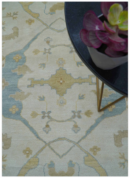 Custom Made Traditional Oushak Beige And Blue Hand Knotted Wool Rug.