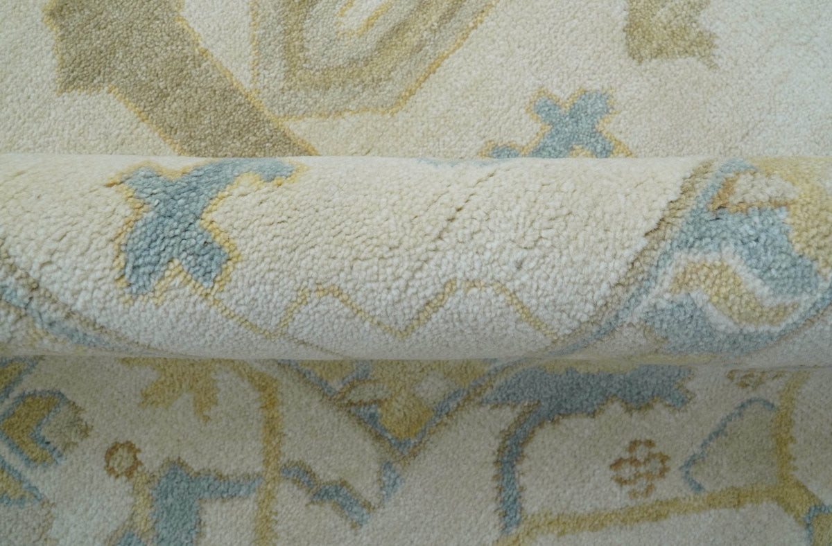 Custom Made Traditional Oushak Beige And Blue Hand Knotted Wool Rug.