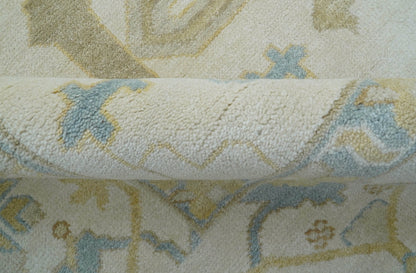 Custom Made Traditional Oushak Beige And Blue Hand Knotted Wool Rug.