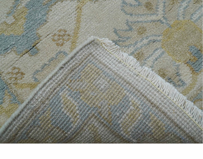 Custom Made Traditional Oushak Beige And Blue Hand Knotted Wool Rug.