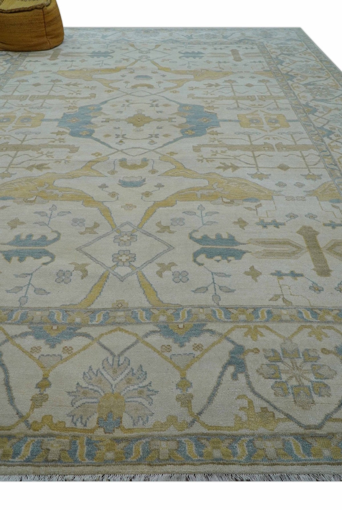 Custom Made Traditional Oushak Beige And Blue Hand Knotted Wool Rug.
