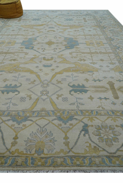 Custom Made Traditional Oushak Beige And Blue Hand Knotted Wool Rug.
