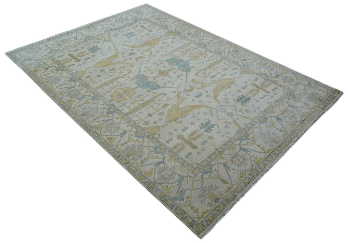 Custom Made Traditional Oushak Beige And Blue Hand Knotted Wool Rug.