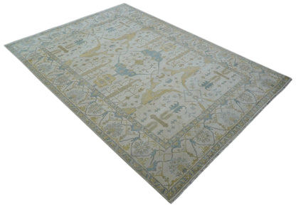 Custom Made Traditional Oushak Beige And Blue Hand Knotted Wool Rug.