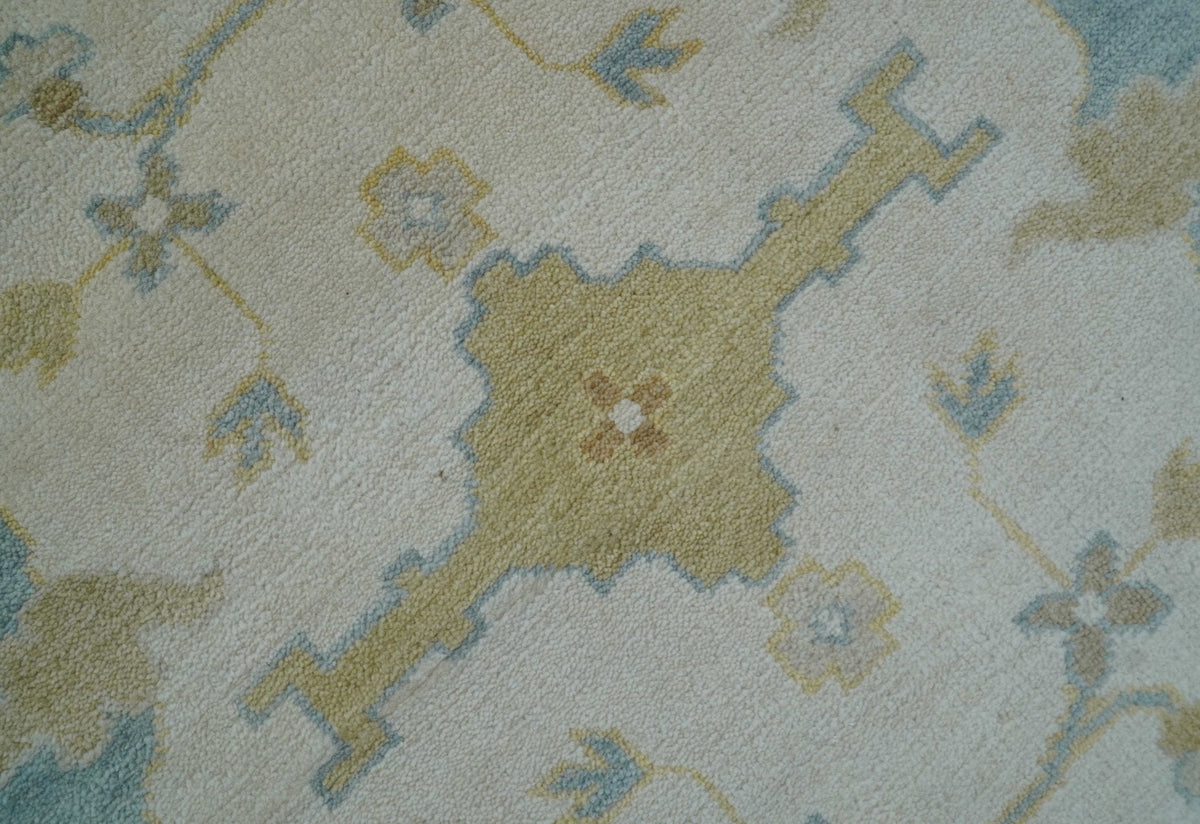 Custom Made Traditional Oushak Beige And Blue Hand Knotted Wool Rug.