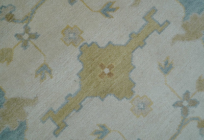 Custom Made Traditional Oushak Beige And Blue Hand Knotted Wool Rug.