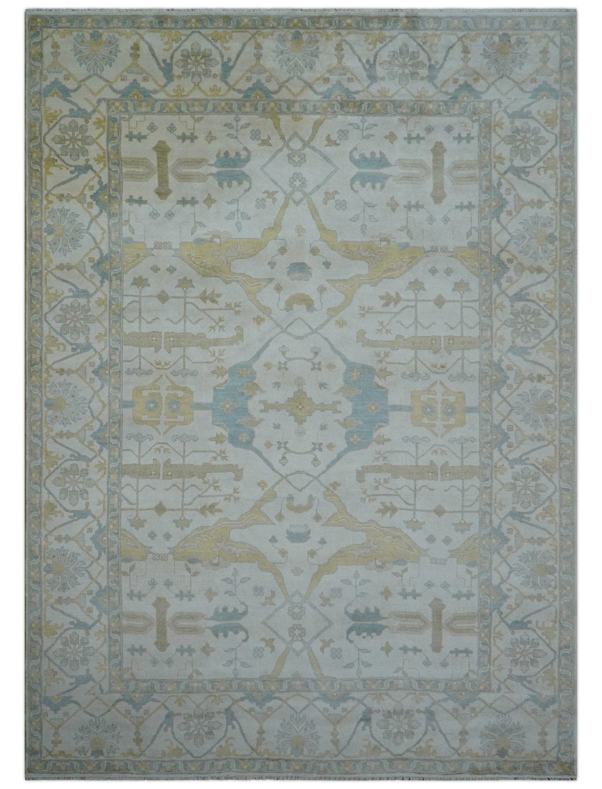 Custom Made Traditional Oushak Beige And Blue Hand Knotted Wool Rug.