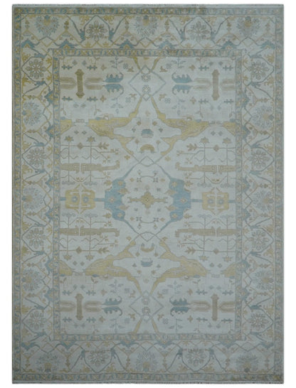 Custom Made Traditional Oushak Beige And Blue Hand Knotted Wool Rug.