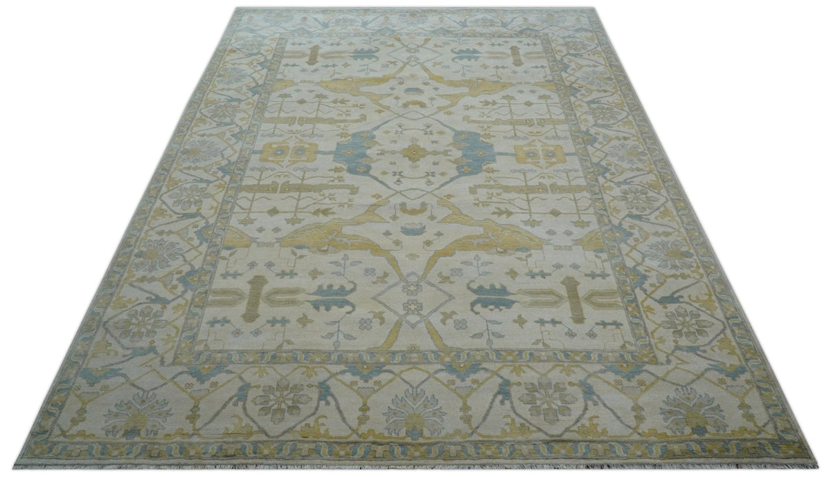Custom Made Traditional Oushak Beige And Blue Hand Knotted Wool Rug.