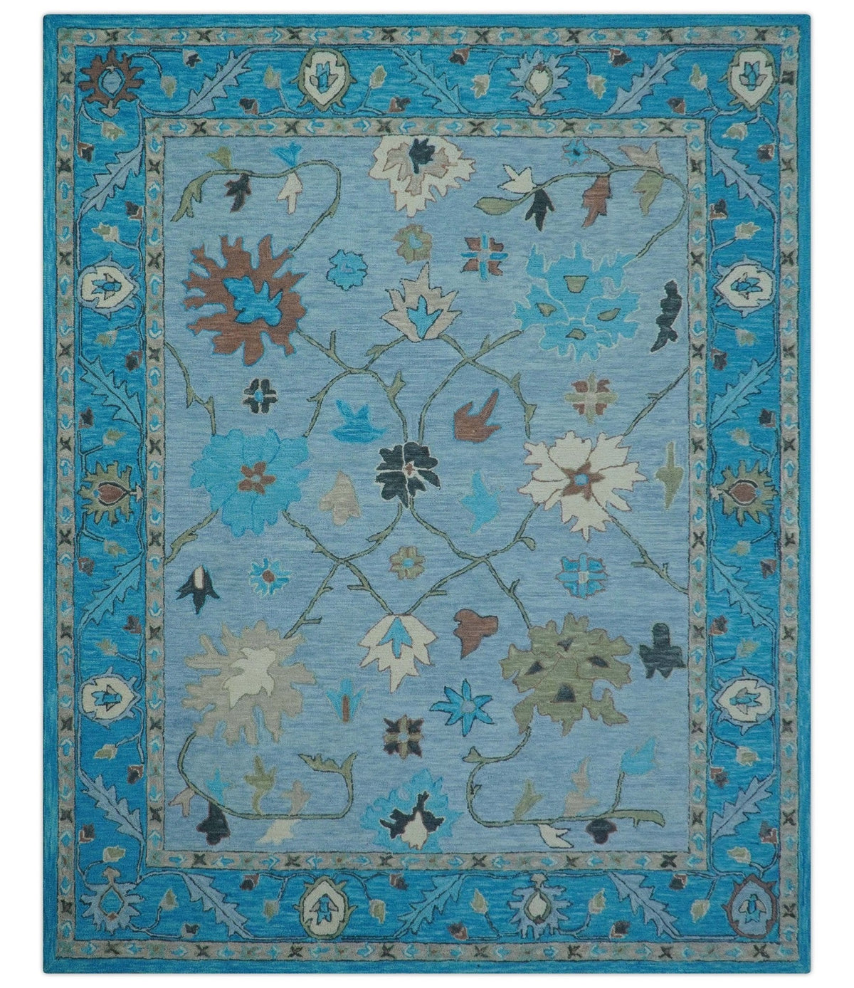 Custom Made Traditional Oushak Blue And Beige Hand Tufted Wool Area Rug.