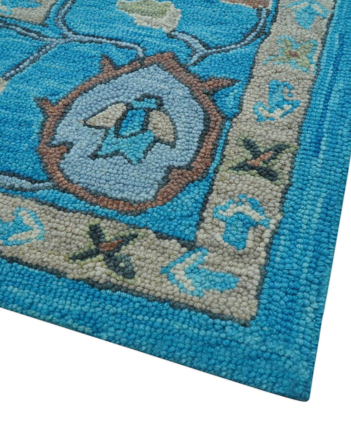 Custom Made Traditional Oushak Blue And Beige Hand Tufted Wool Area Rug.