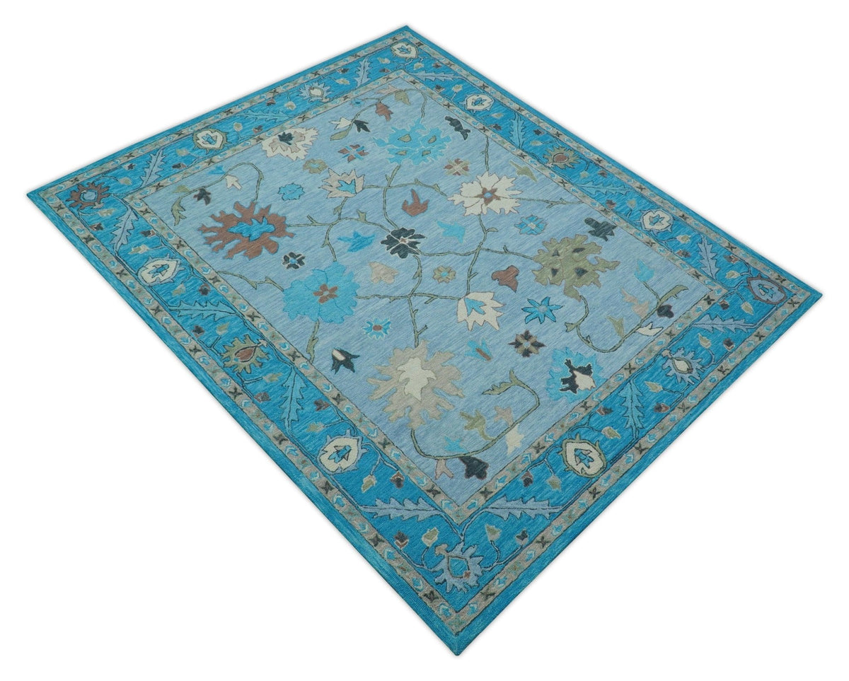 Custom Made Traditional Oushak Blue And Beige Hand Tufted Wool Area Rug.