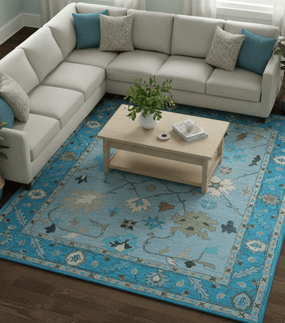 Custom Made Traditional Oushak Blue And Beige Hand Tufted Wool Area Rug.