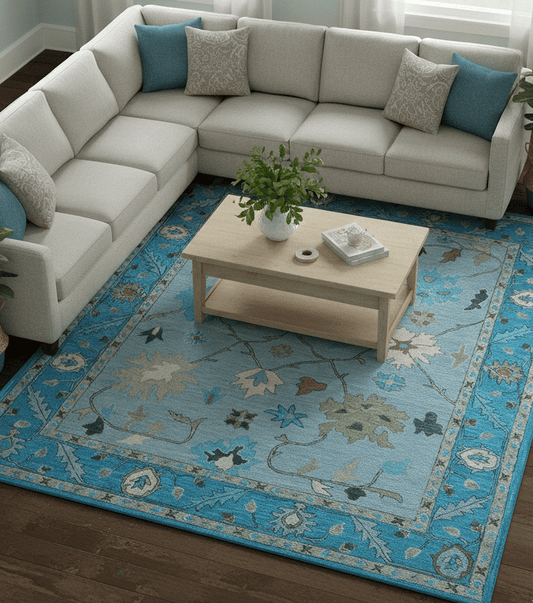 Custom Made Traditional Oushak Blue And Beige Hand Tufted Wool Area Rug.