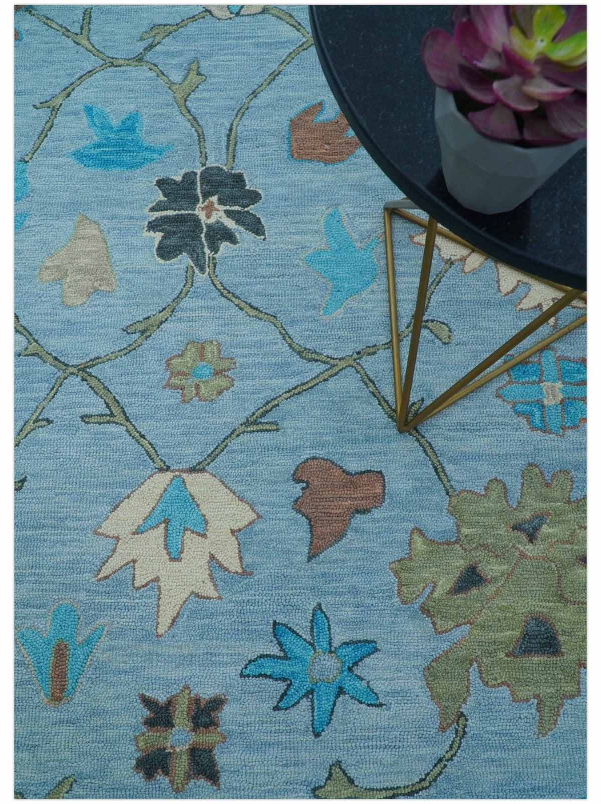 Custom Made Traditional Oushak Blue And Beige Hand Tufted Wool Area Rug.
