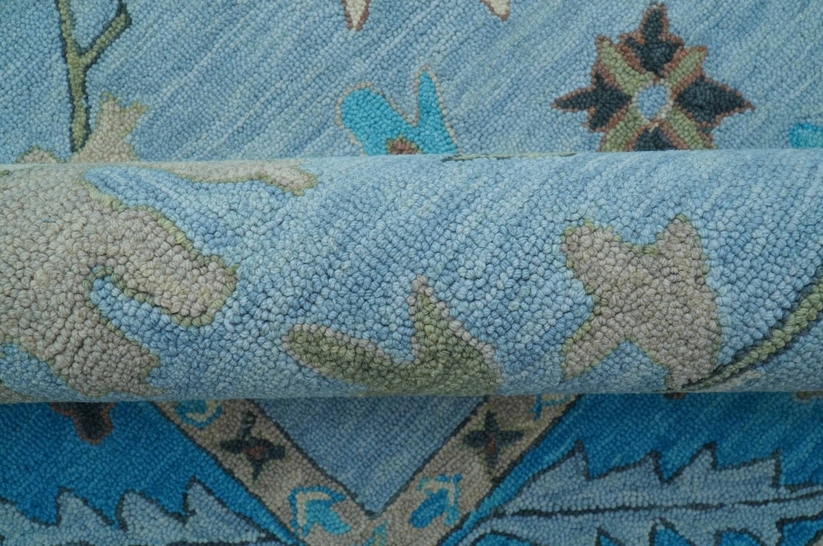 Custom Made Traditional Oushak Blue And Beige Hand Tufted Wool Area Rug.