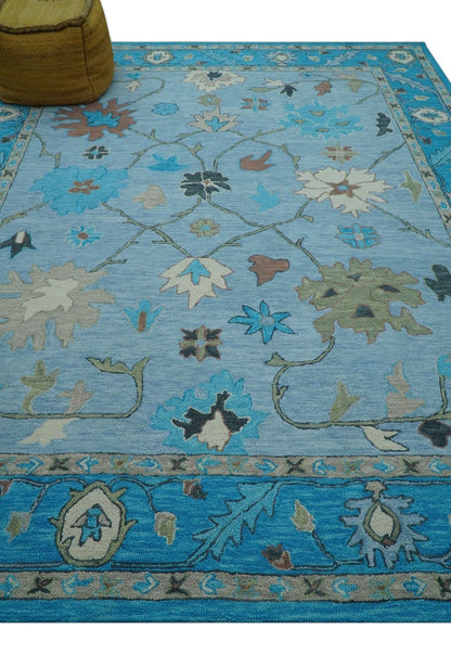 Custom Made Traditional Oushak Blue And Beige Hand Tufted Wool Area Rug.