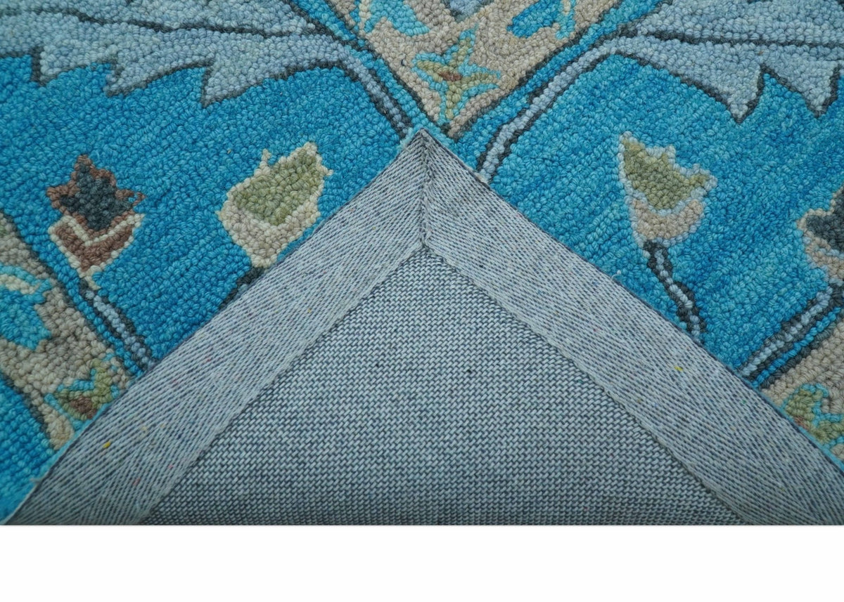 Custom Made Traditional Oushak Blue And Beige Hand Tufted Wool Area Rug.