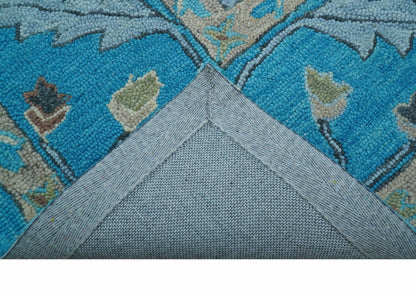 Custom Made Traditional Oushak Blue And Beige Hand Tufted Wool Area Rug.