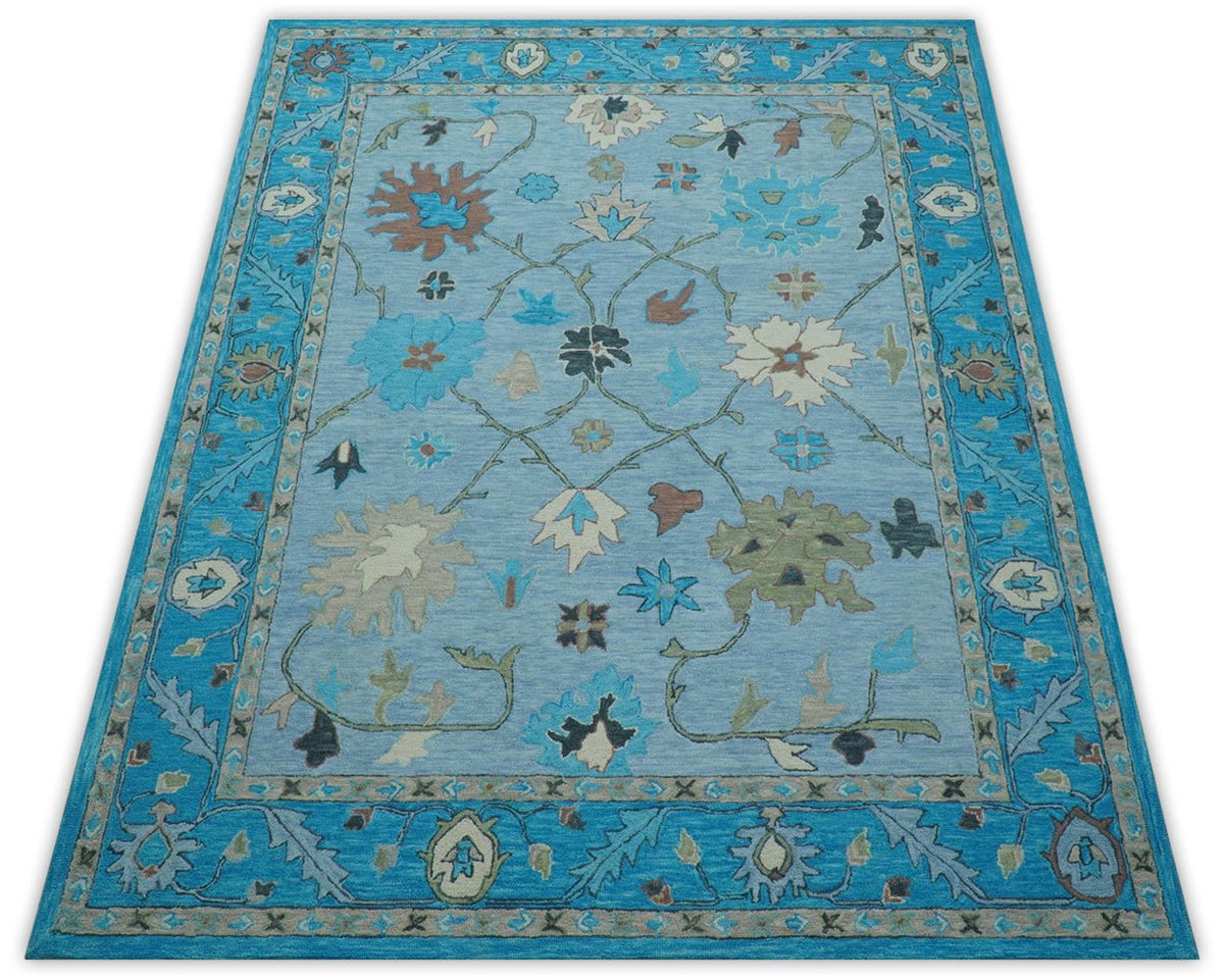 Custom Made Traditional Oushak Blue And Beige Hand Tufted Wool Area Rug.