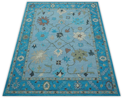Custom Made Traditional Oushak Blue And Beige Hand Tufted Wool Area Rug.
