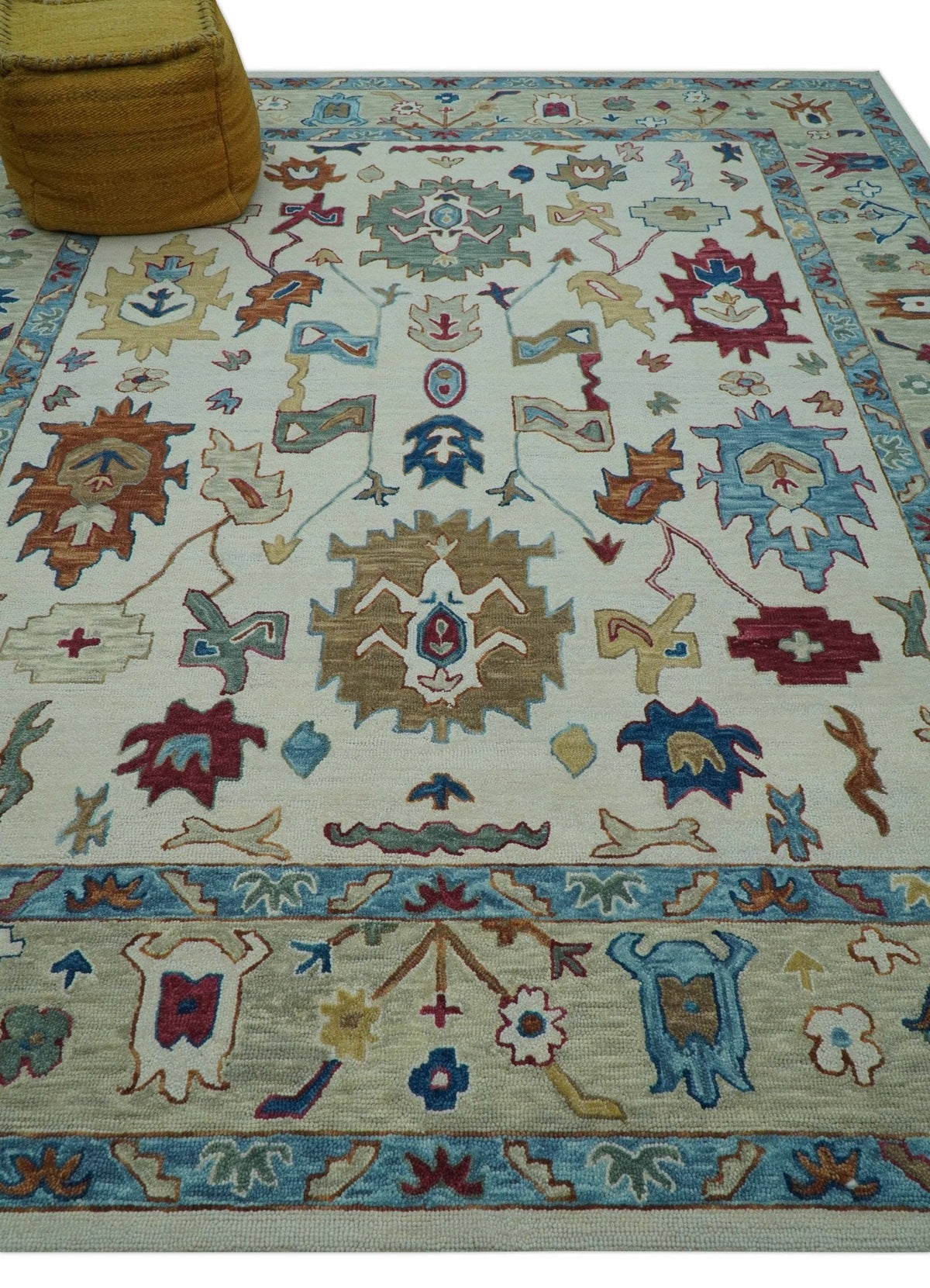 Custom Made Traditional Oushak Blue And Beige Hand Tufted Wool Rug.