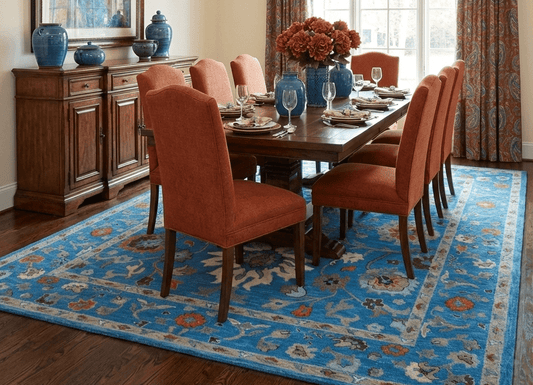 Custom Made Traditional Oushak Blue And Beige Hand Tufted Wool Rug.