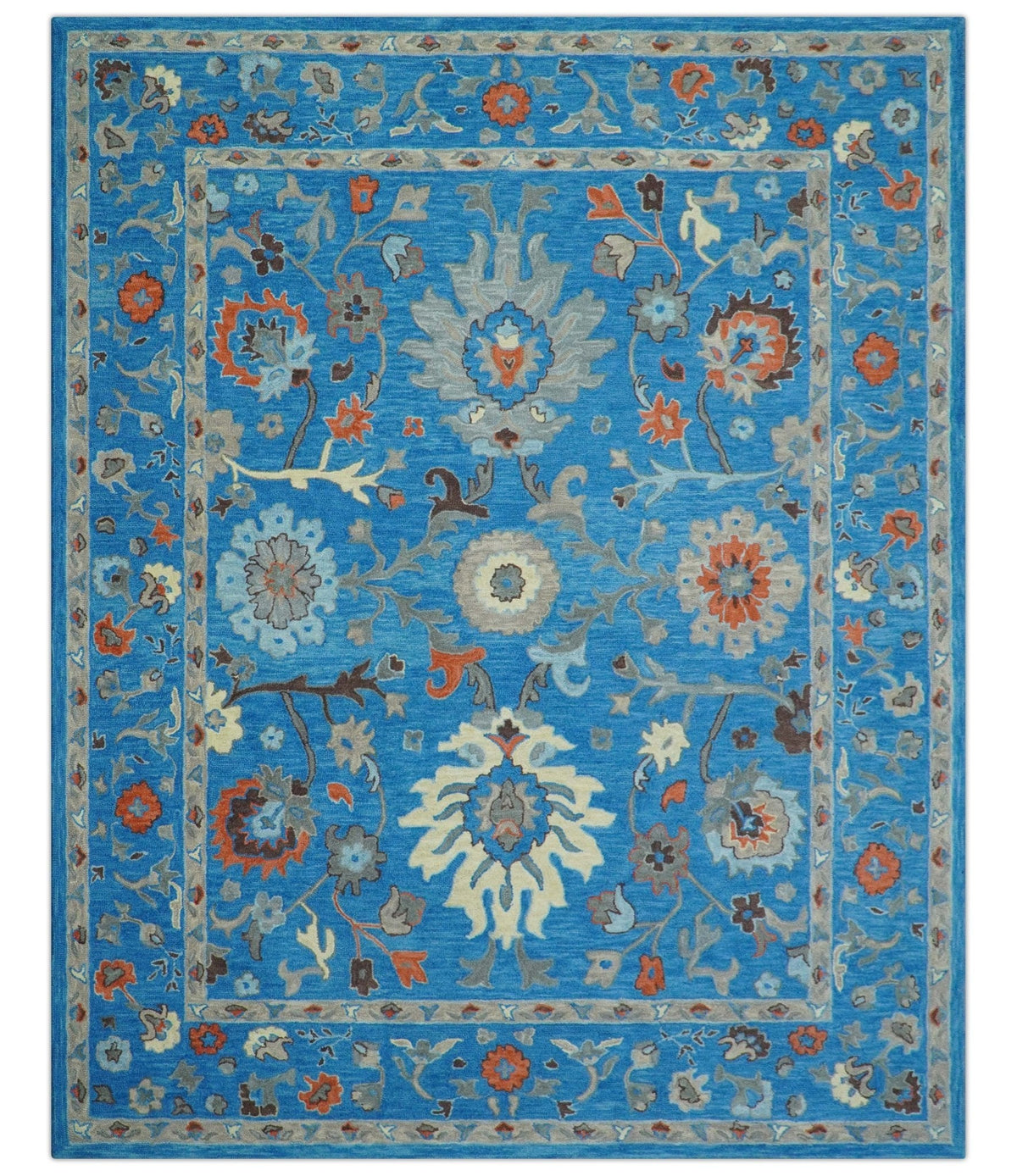 Custom Made Traditional Oushak Blue And Beige Hand Tufted Wool Rug.