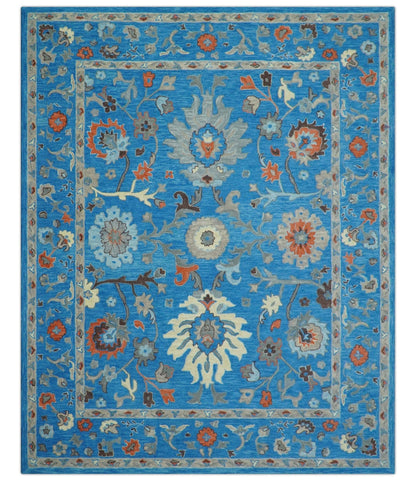 Custom Made Traditional Oushak Blue And Beige Hand Tufted Wool Rug.