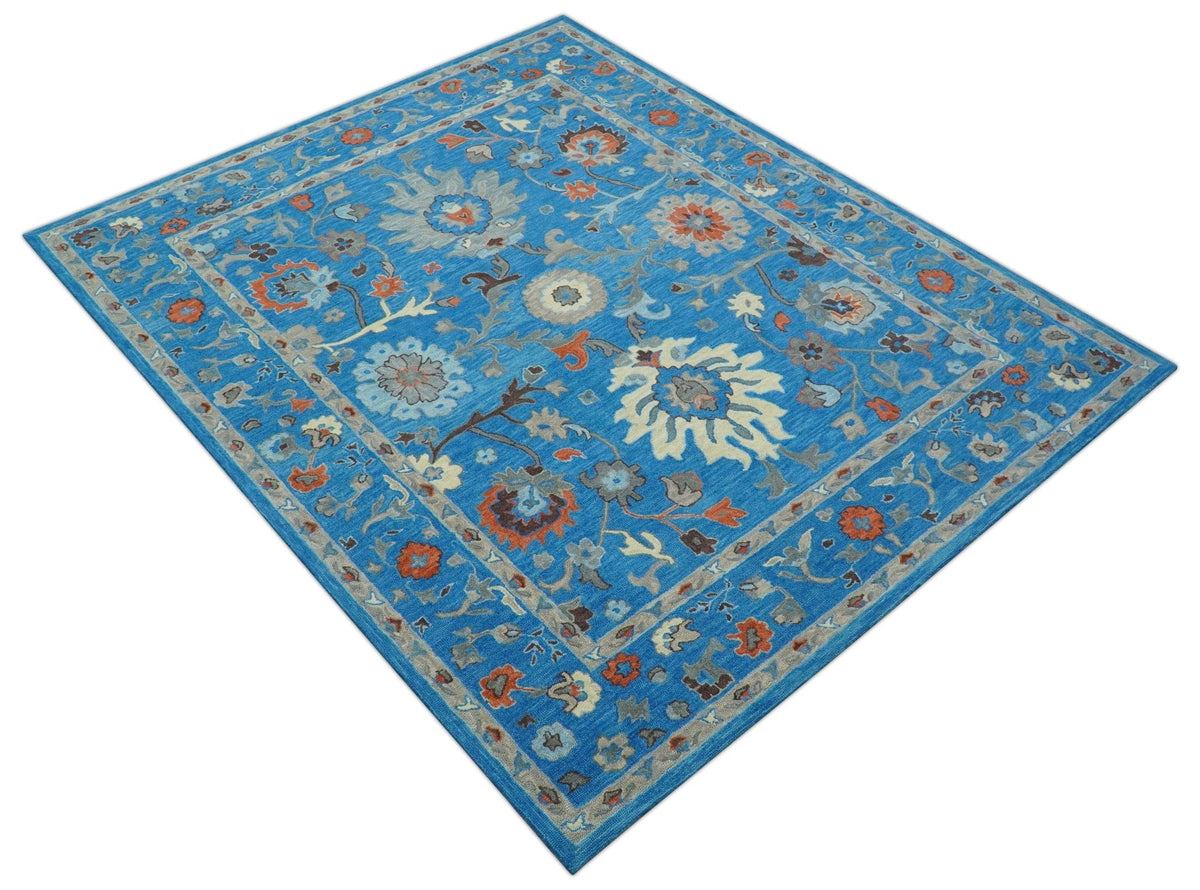 Custom Made Traditional Oushak Blue And Beige Hand Tufted Wool Rug.