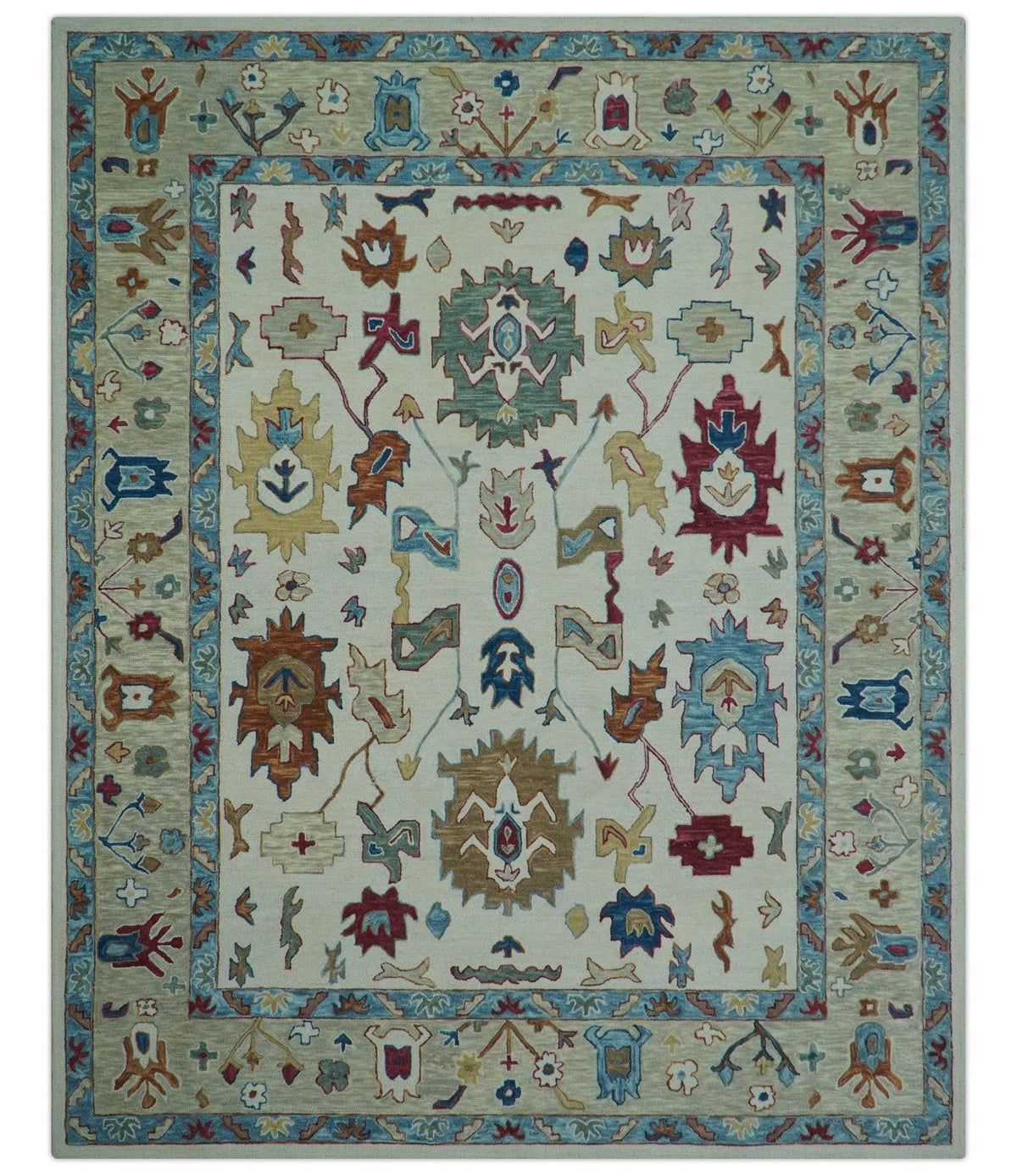 Custom Made Traditional Oushak Blue And Beige Hand Tufted Wool Rug.