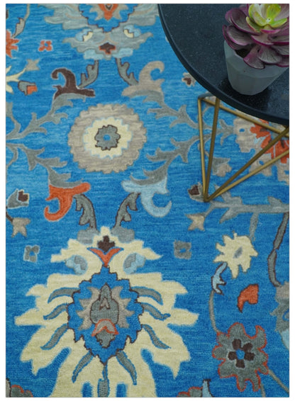 Custom Made Traditional Oushak Blue And Beige Hand Tufted Wool Rug.