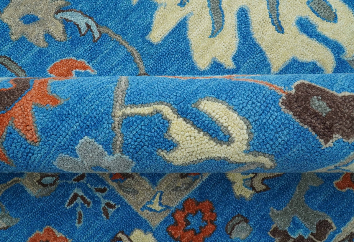 Custom Made Traditional Oushak Blue And Beige Hand Tufted Wool Rug.