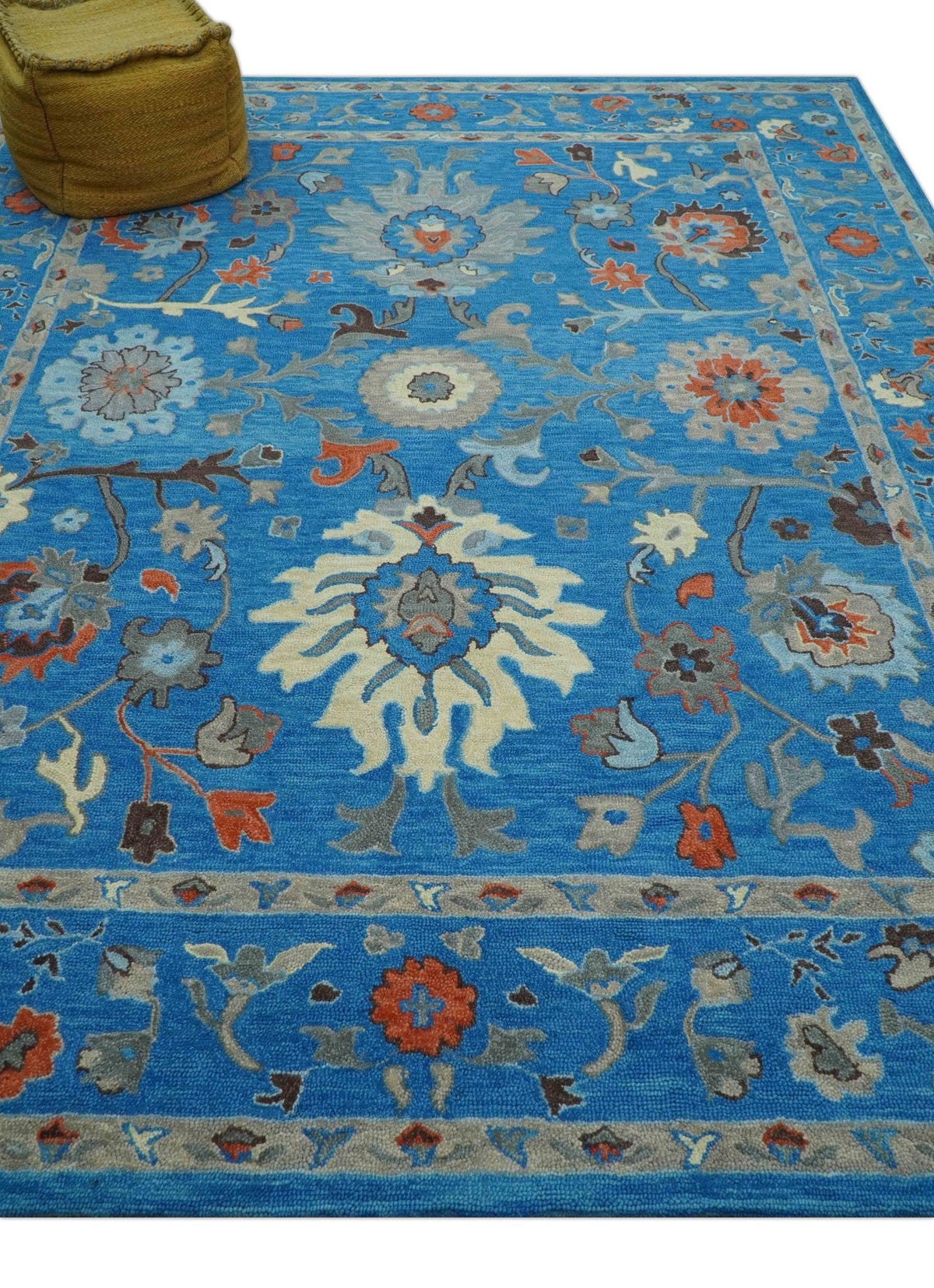 Custom Made Traditional Oushak Blue And Beige Hand Tufted Wool Rug.