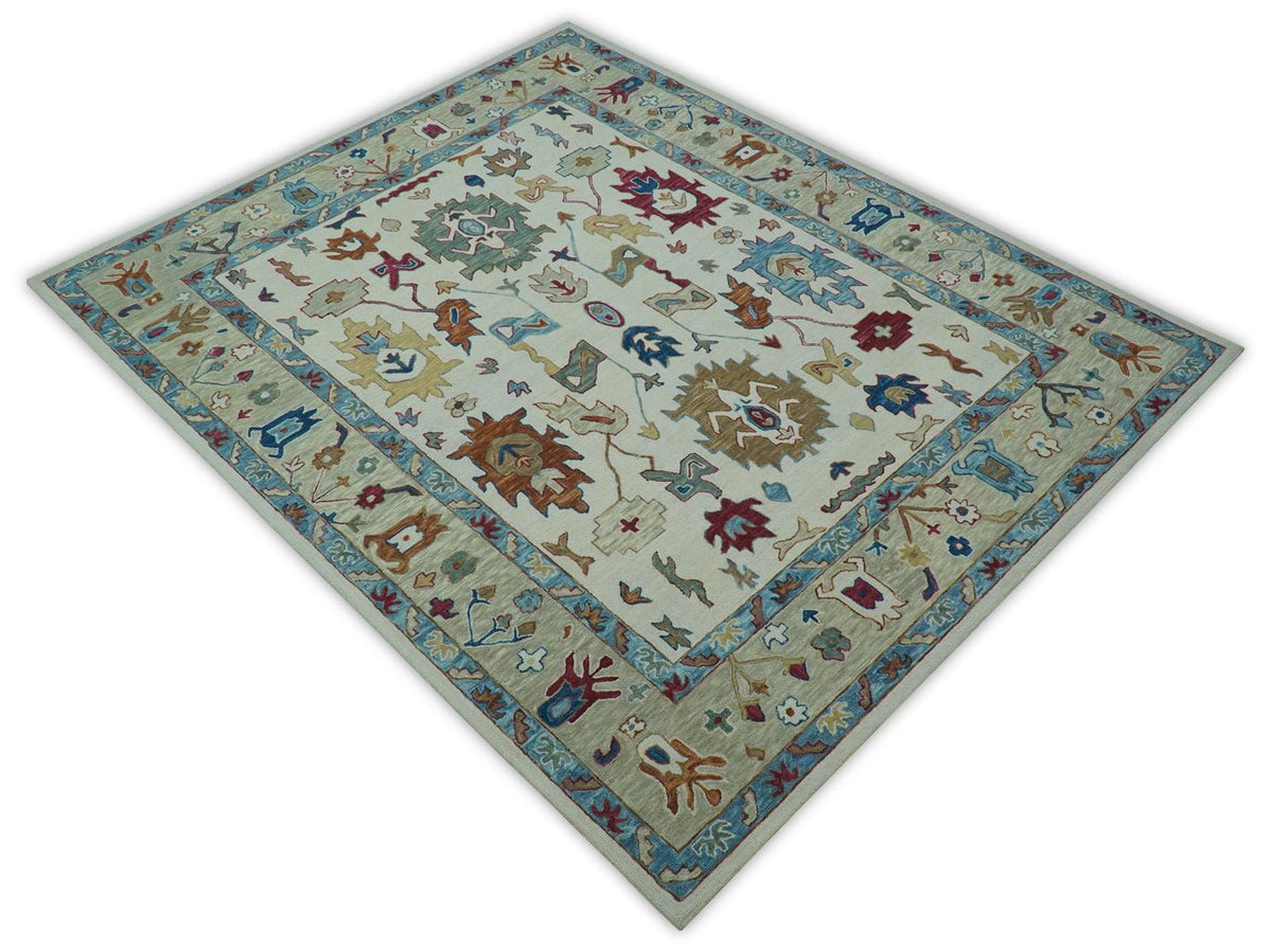Custom Made Traditional Oushak Blue And Beige Hand Tufted Wool Rug.