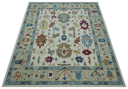 Custom Made Traditional Oushak Blue And Beige Hand Tufted Wool Rug.