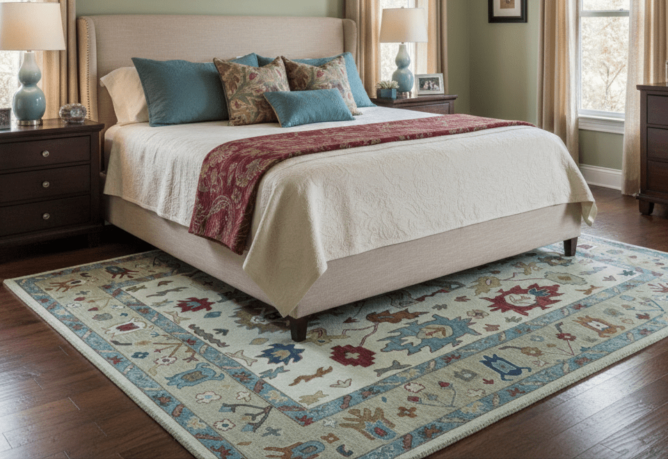 Custom Made Traditional Oushak Blue And Beige Hand Tufted Wool Rug.