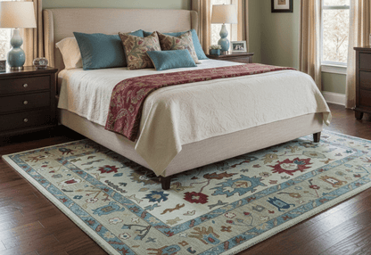 Custom Made Traditional Oushak Blue And Beige Hand Tufted Wool Rug.