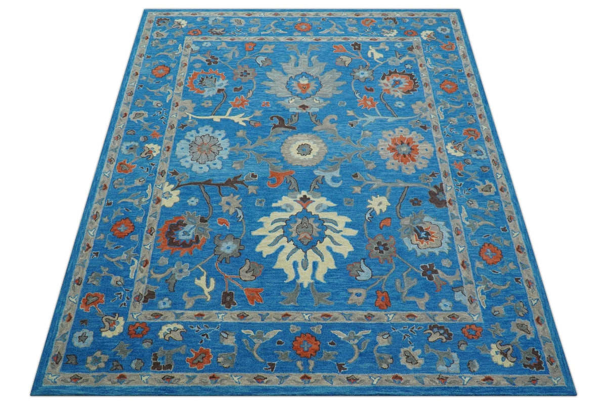 Custom Made Traditional Oushak Blue And Beige Hand Tufted Wool Rug.