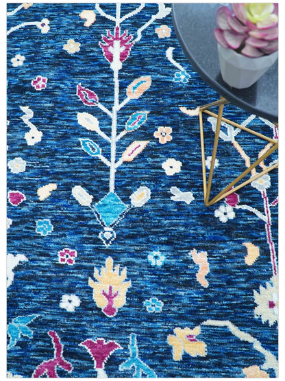 Custom Made Traditional Oushak Blue And Ivory Hand Knotted Wool Rug.