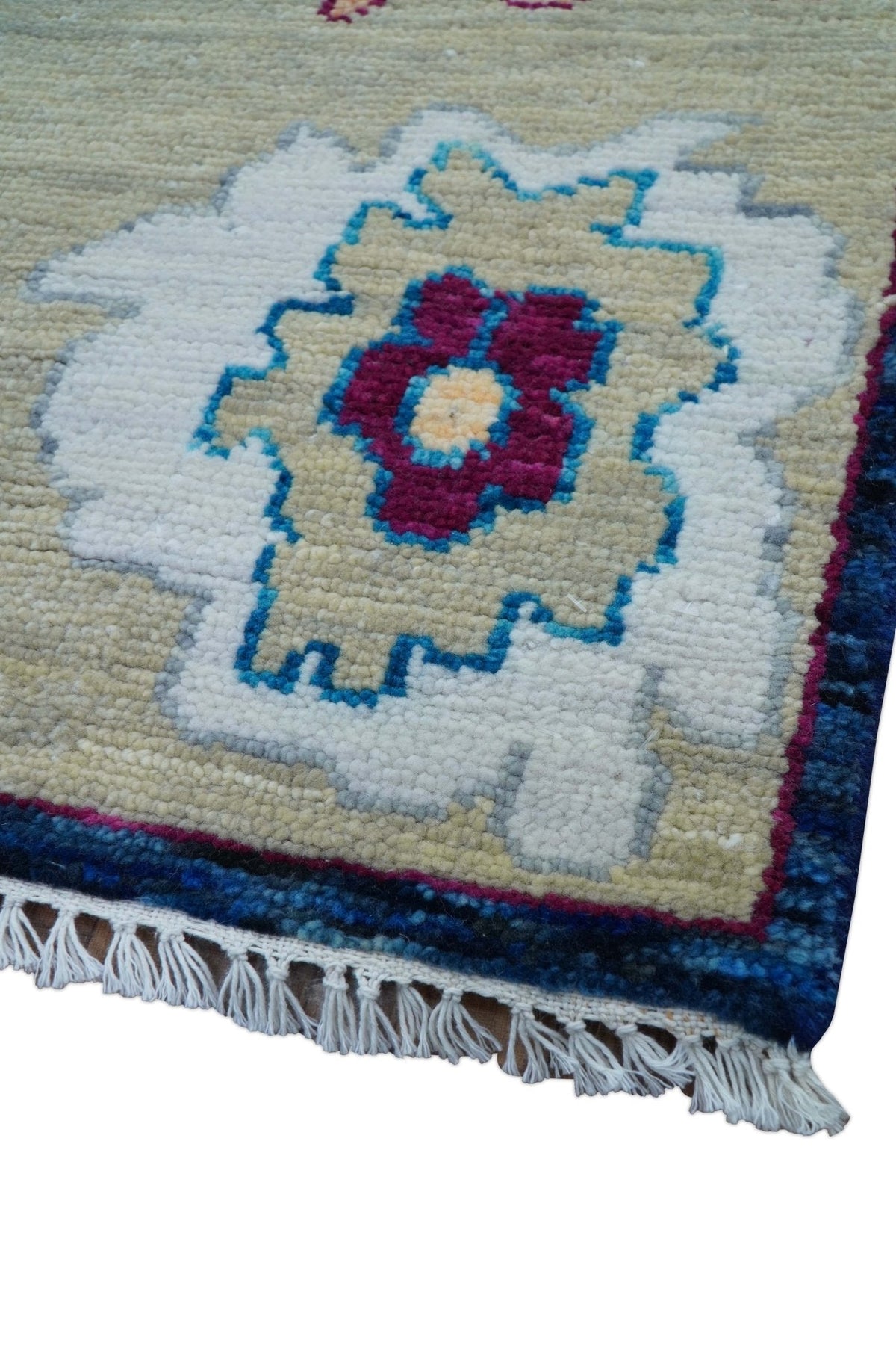 Custom Made Traditional Oushak Blue And Ivory Hand Knotted Wool Rug.