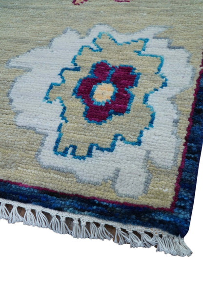 Custom Made Traditional Oushak Blue And Ivory Hand Knotted Wool Rug.